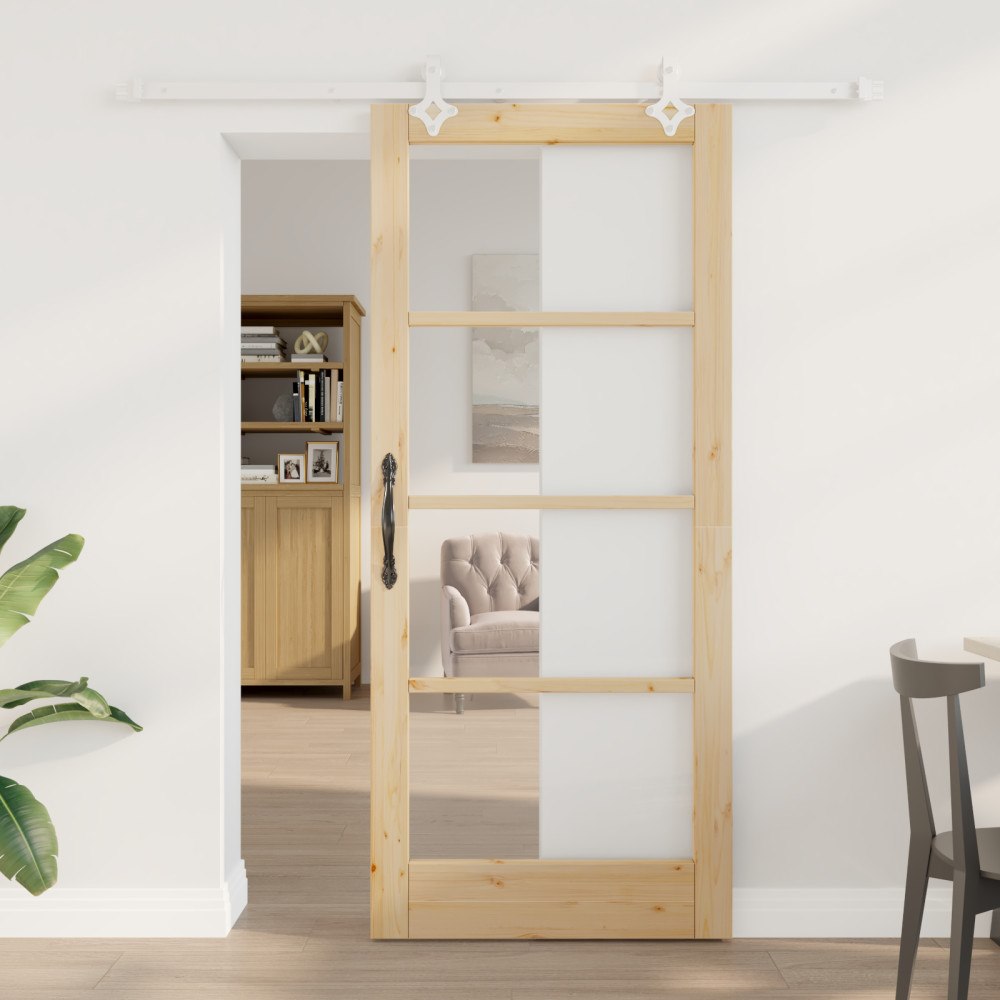 vidaXL skjutdörr med hårdvarusett 86x198.5 cm massivt tallträ, vidaXL inredningsdörr med glas 'ORKDAL'86x198.5x4 cm massivt tal...