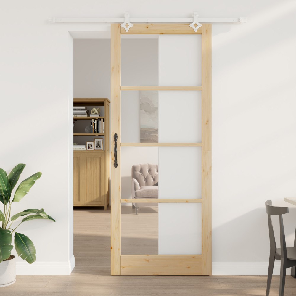 vidaXL Skjutdörr med hårdvarusats 93x232 cm Massivt trä i tall, vidaXL Inomhusdörr med glas 'ORKDAL'93x232x4 cm Massivt trä i t...