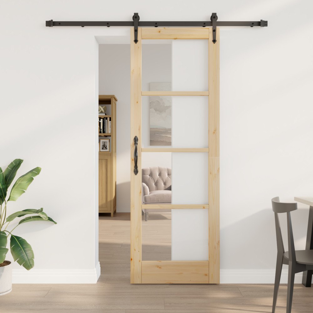 vidaXL Skjutdörr med Uppsättningsset 73.5x211 cm Massiv Trä Furu, vidaXL Inredningsdörr med Glas 'ORKDAL'73.5x211x4 cm Massiv T...