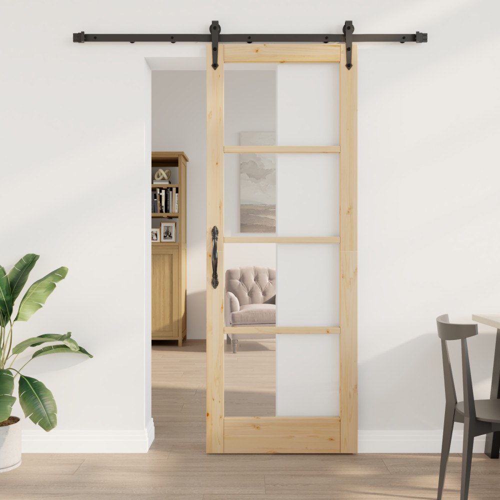 vidaXL Skjutdörr med Hårdvarusett 78x211 cm Massiv Trä Furu, vidaXL Inredningsdörr med Glas 'ORKDAL'78x211x4 cm Massiv Trä Furu