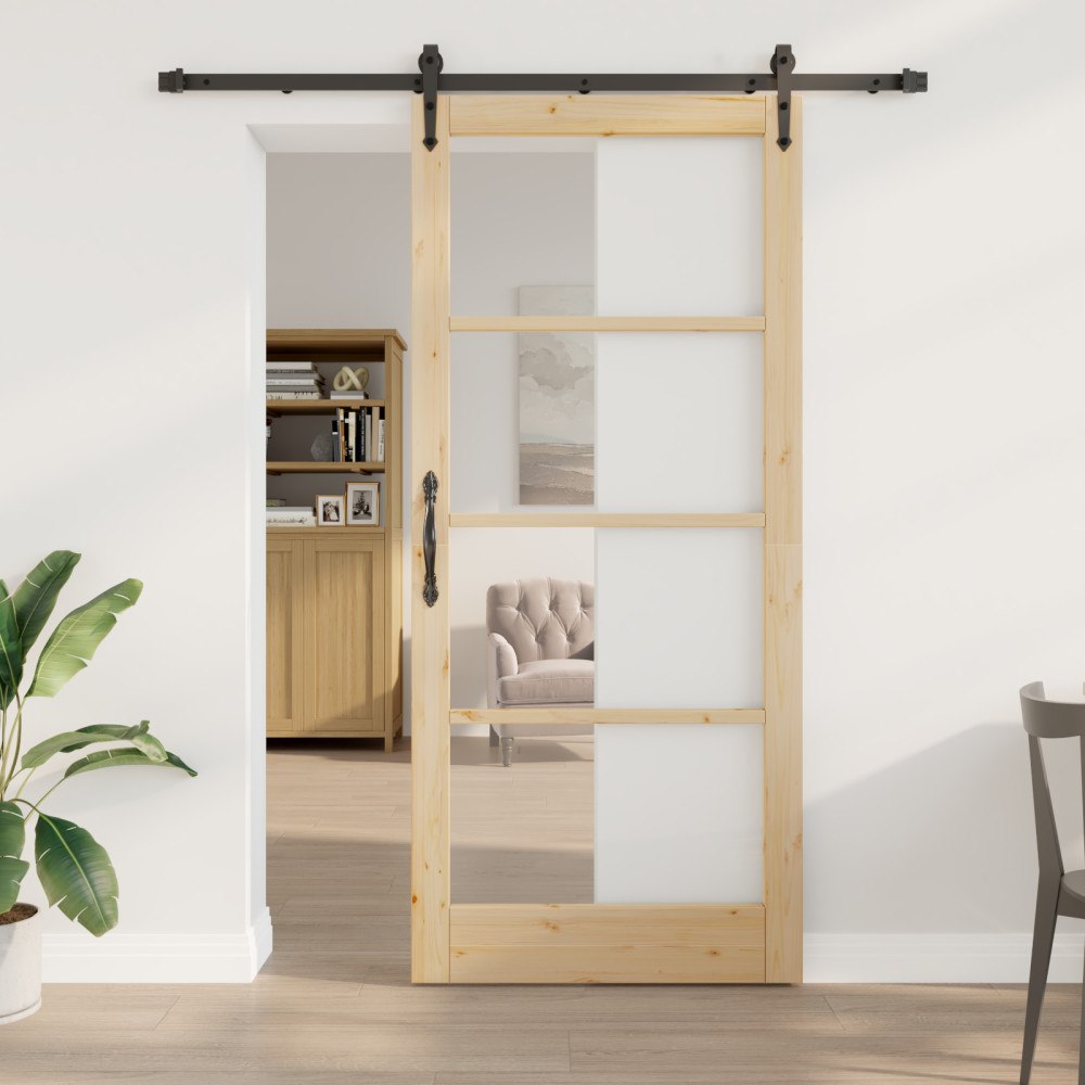 vidaXL Skjutdörr med hårdvarusats 93x211 cm Massiv Furu, vidaXL Inredningsdörr med Glas 'ORKDAL'93x211x4 cm Massiv Furu