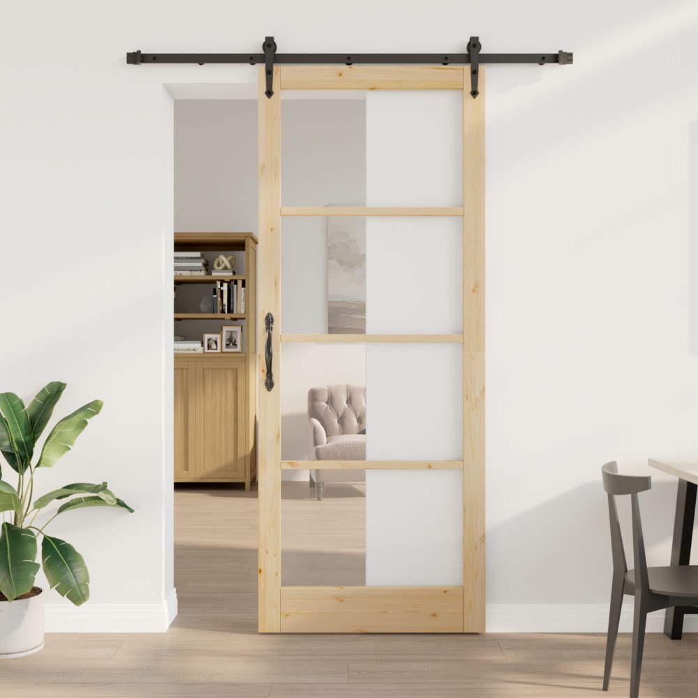 vidaXL Skjutdörr med beslag 93x232 cm Massiv tallträ, vidaXL Inredningsdörr med glas 'ORKDAL'93x232x4 cm Massiv tallträ