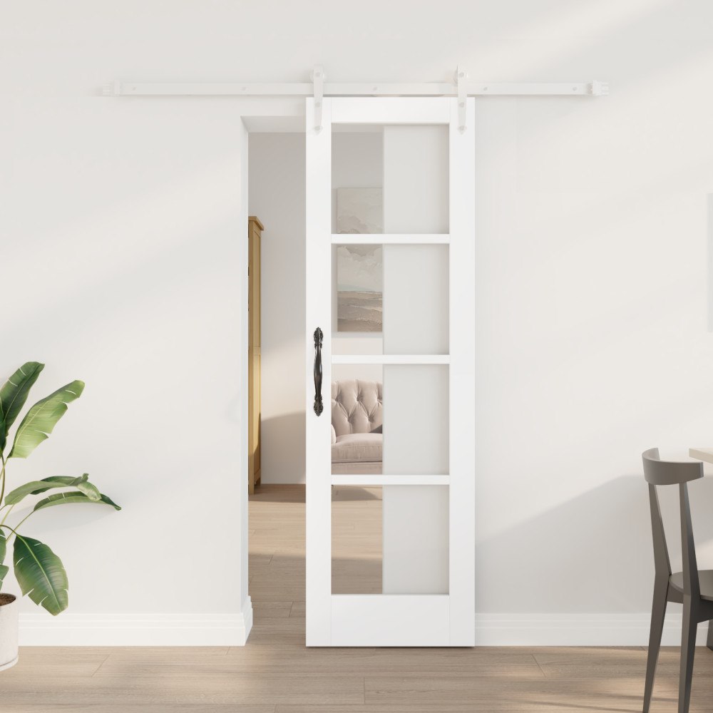vidaXL Skjutdörr med Beslagssats Vit 61x198.5 cm Massiv Furu, vidaXL Innerdörr med Glas 'ORKDAL'Vit 61x198.5x4 cm