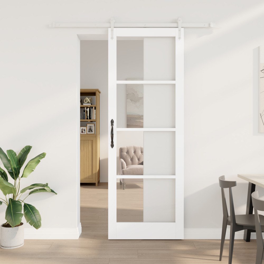 vidaXL Skjutdörr med Utrustningsset Vit 83x232 cm Massiv Furu, vidaXL Inomhusdörr med Glas 'ORKDAL'Vit 83x232x4 cm