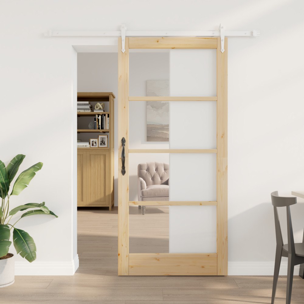 vidaXL Skjutdörr med tillbehör Set 93x202 cm Massivt trä tall, vidaXL Inredningsdörr med Glas 'ORKDAL'93x202x4 cm Massivt trä t...