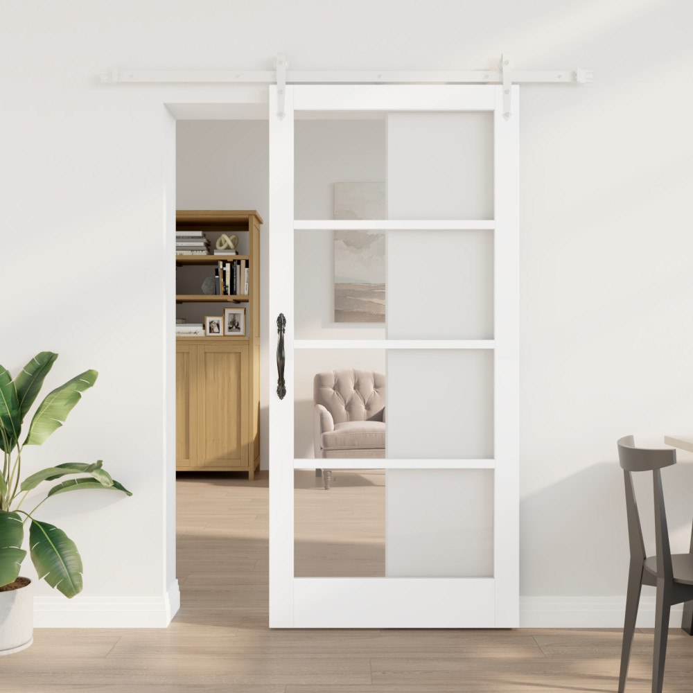 vidaXL Skjutdörr med Tillbehör Set Vit 93x202 cm Massivt Trä Furu, vidaXL Inredningsdörr med Glas 'ORKDAL'Vit 93x202x4 cm
