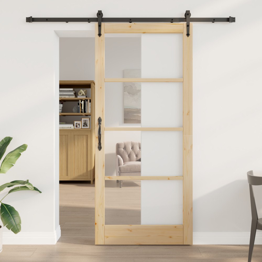 vidaXL Skjutdörr med hårdvaruset 93x211 cm Massivt tallträ, vidaXL Inredningsdörr med glas 'ORKDAL'93x211x4 cm Massivt tallträ