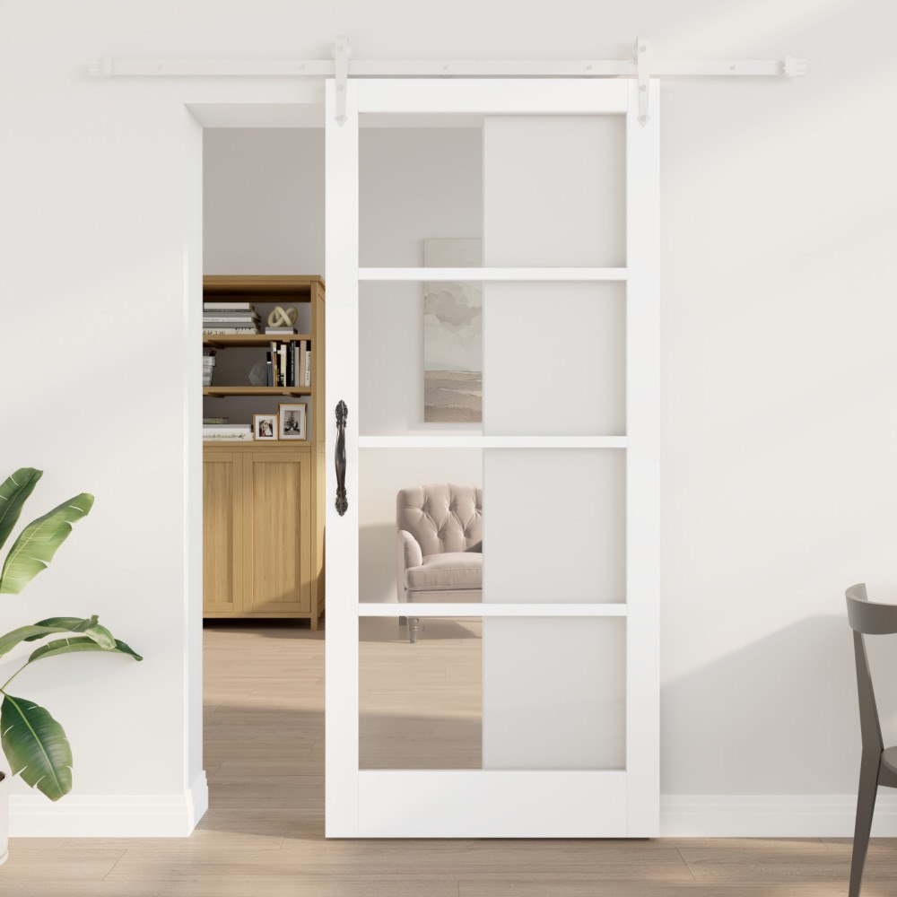 vidaXL Skjutdörr med Tillbehör Set Vit 93x211 cm Massivt Trä Furu, vidaXL Inredningsdörr med Glas 'ORKDAL'Vit 93x211x4 cm