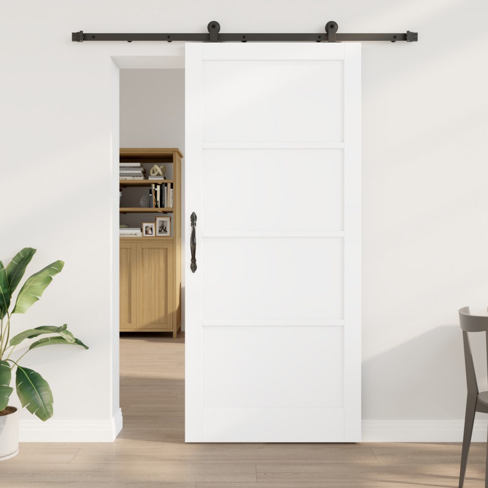 vidaXL Skjutdörr med Skjutdörrsset Vit 93x211 cm Massiv Trä Furu, vidaXL Innerdörr 'ORKDAL'Vit 93x211x4 cm Massiv Trä Furu