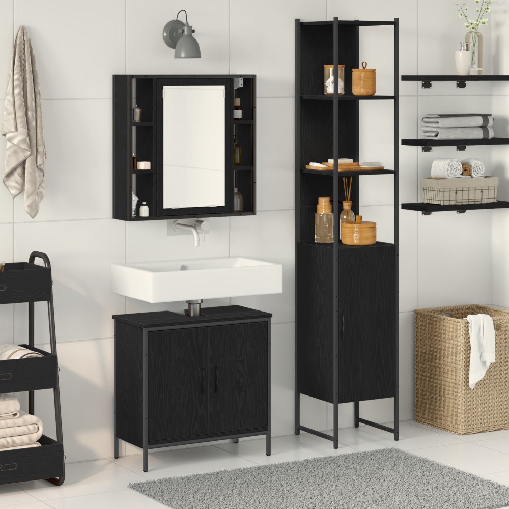 vidaXL Badrumssink Skåp Svart Ek 60x30x60 cm Konstruerat Trä, vidaXL Badrumsskåp Svart Ek 33x33x185.5 cm Konstruerat Trä