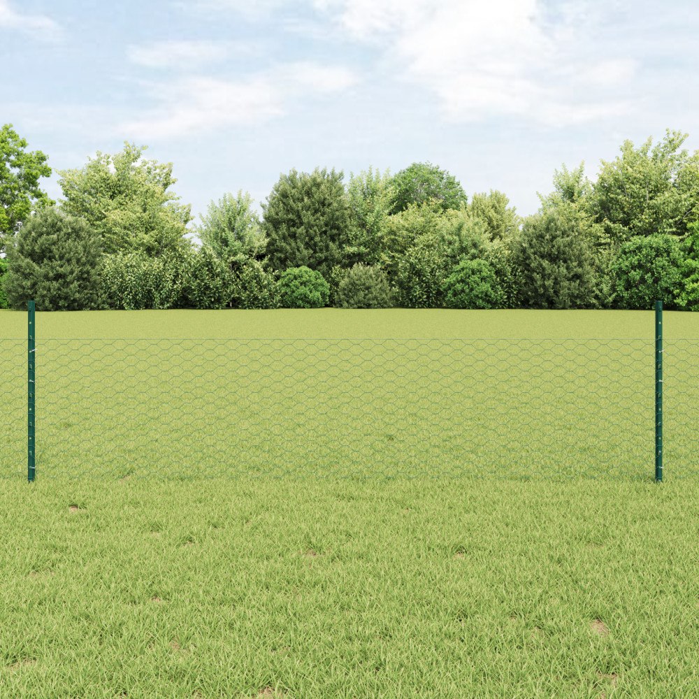 vidaXL Gärdesstolpar 5 st U-Kanal Grön 80 cm Stål, vidaXL Hexagon Gärde Grön 0,5x10 m Stål