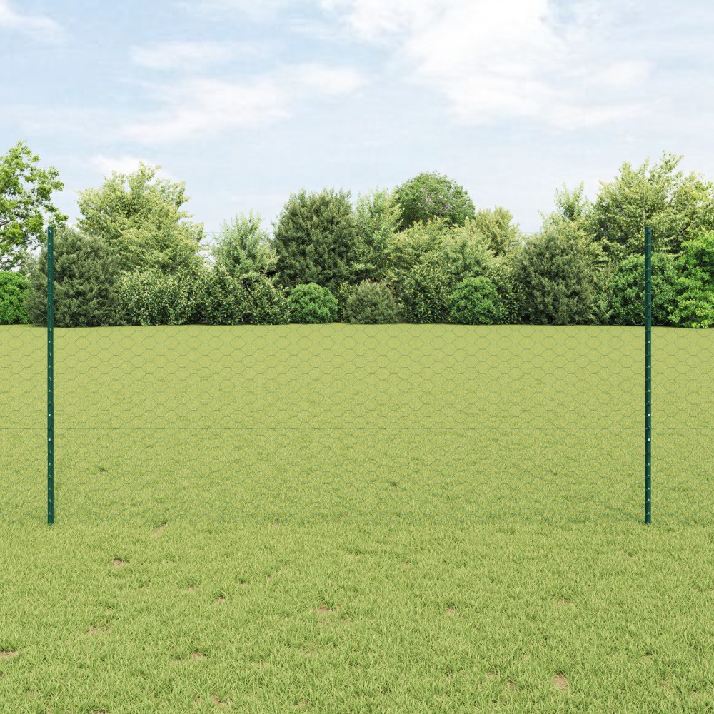 vidaXL Staketstolpar 5 st U-kanal Grön 120 cm Stål, vidaXL Hexagon Staket Grön 1.2x10 m Stål