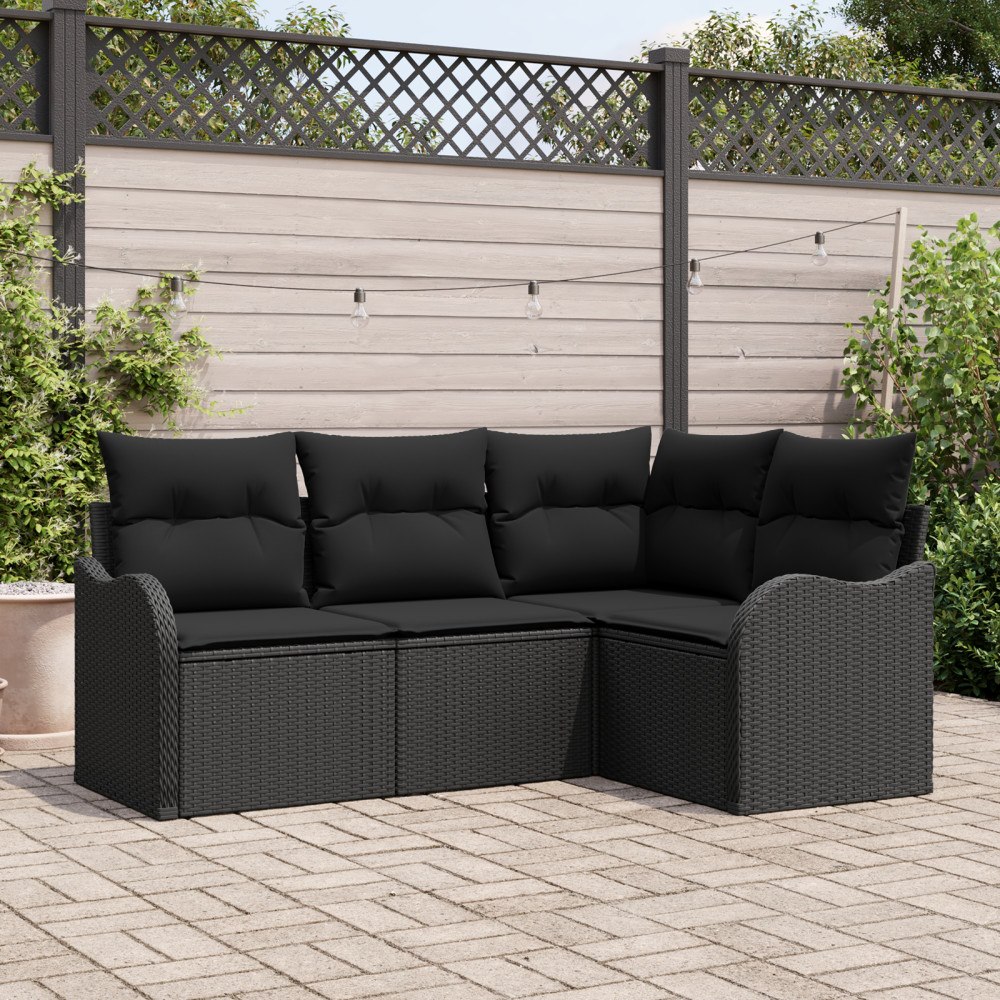 vidaXL Trädgårdsoffset med kudde 4 pcs Svart Poly rattan