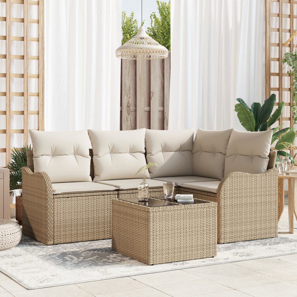 vidaXL Trädgårdsoffset med kudde 5 pcs Beige Poly rattan
