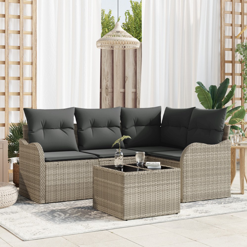 vidaXL Trädgårdsoffset med kudde 5 pcs Ljusgrå Poly rattan