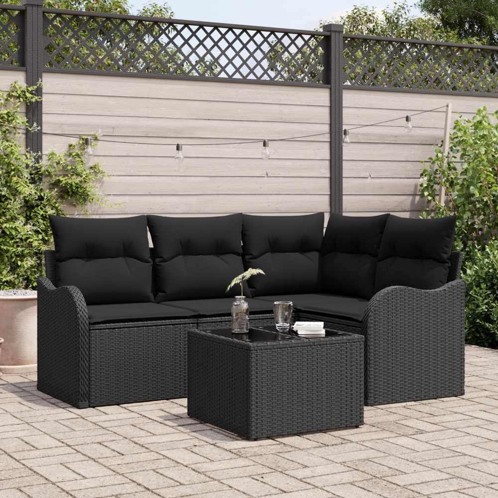 vidaXL Trädgårdsoffset med kudde 5 pcs Svart Poly rattan