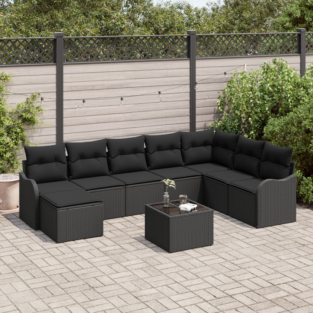 vidaXL Trädgårdsoffset med kudde 9 pcs Svart Poly rattan