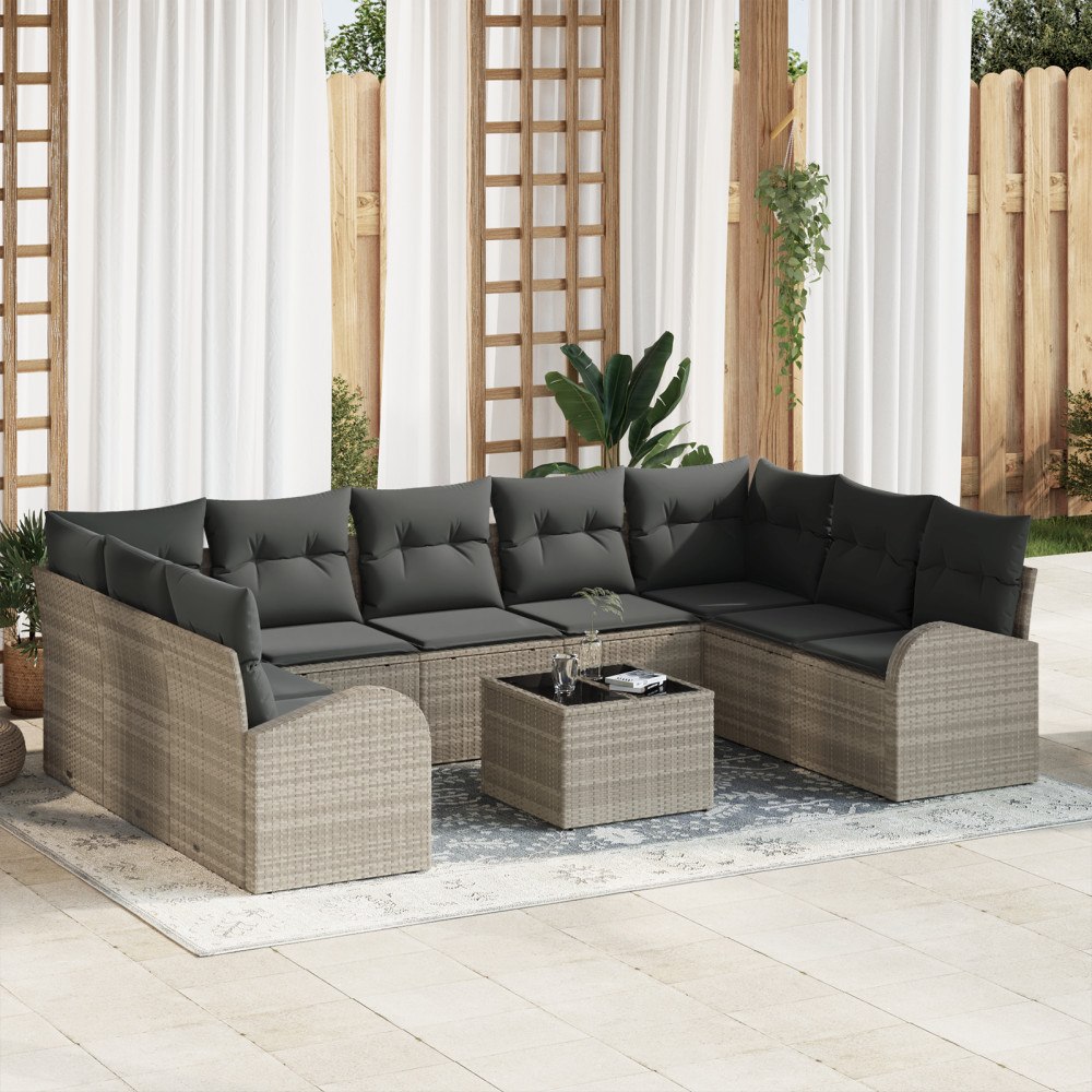 vidaXL Trädgårdsoffset 10 pcs Ljusgrå Poly rattan
