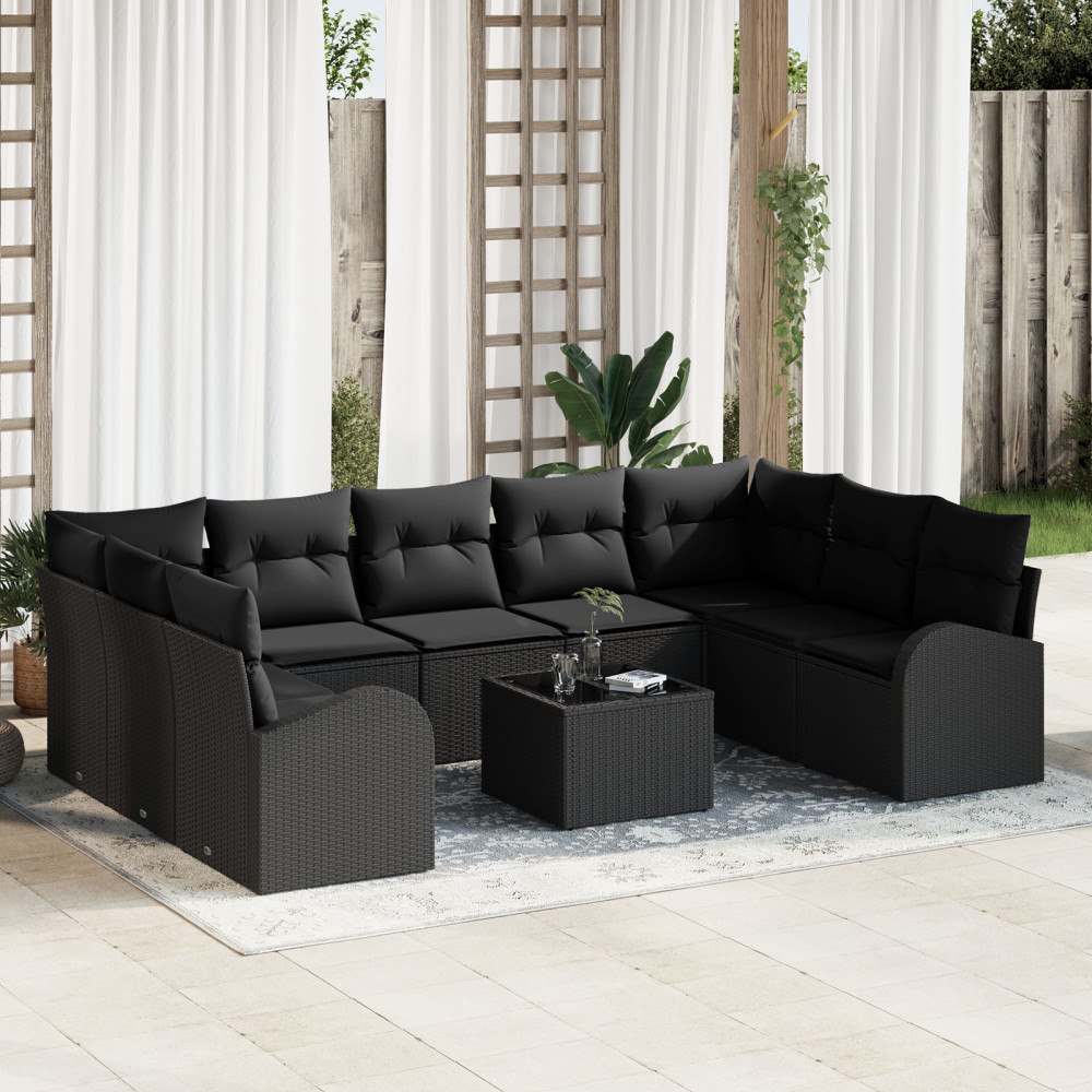 vidaXL Trädgårdsoffset 10 pcs Svart Poly rattan