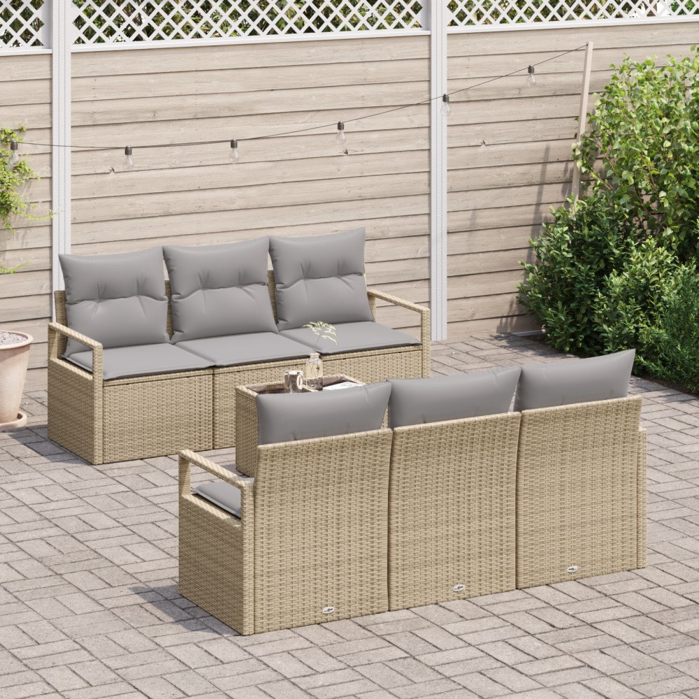 vidaXL 7-delars trädgårdsoffaset med kuddar Beige Polyrotting