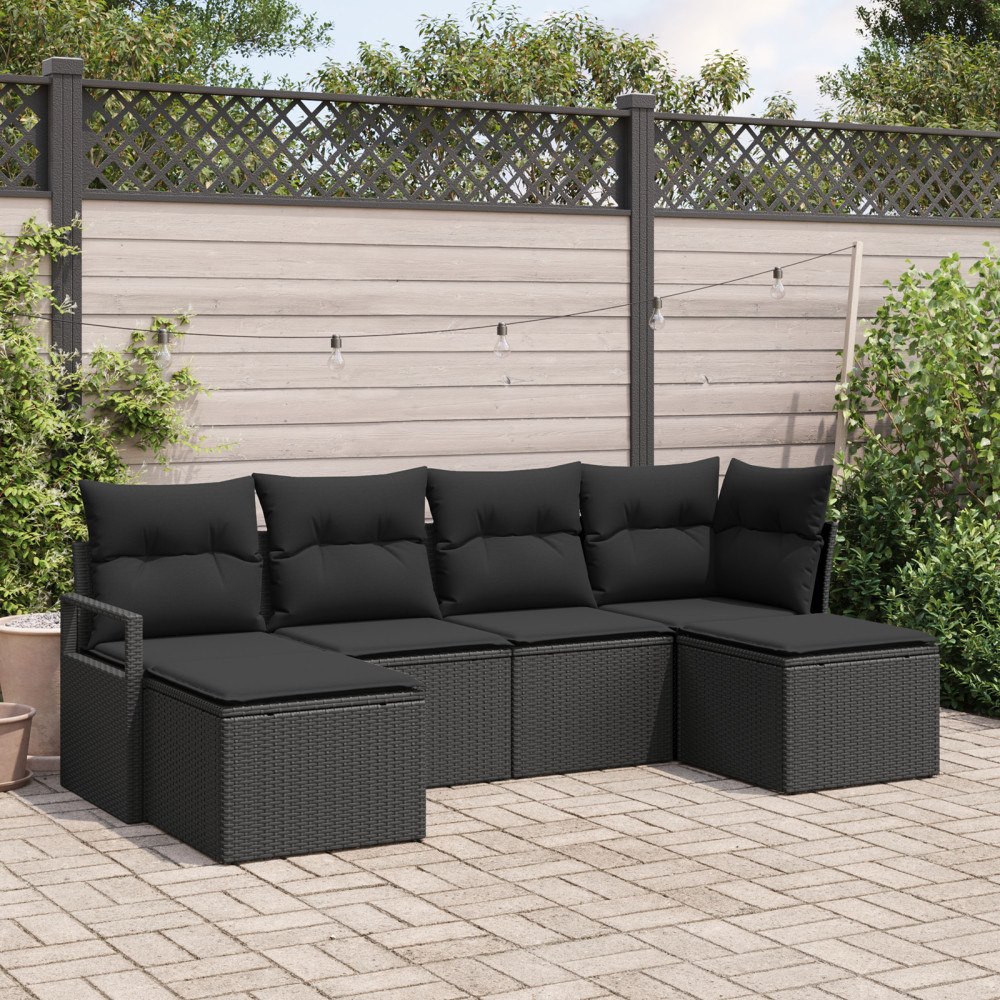 vidaXL Trädgårdsoffset 6 pcs Svart Poly rattan