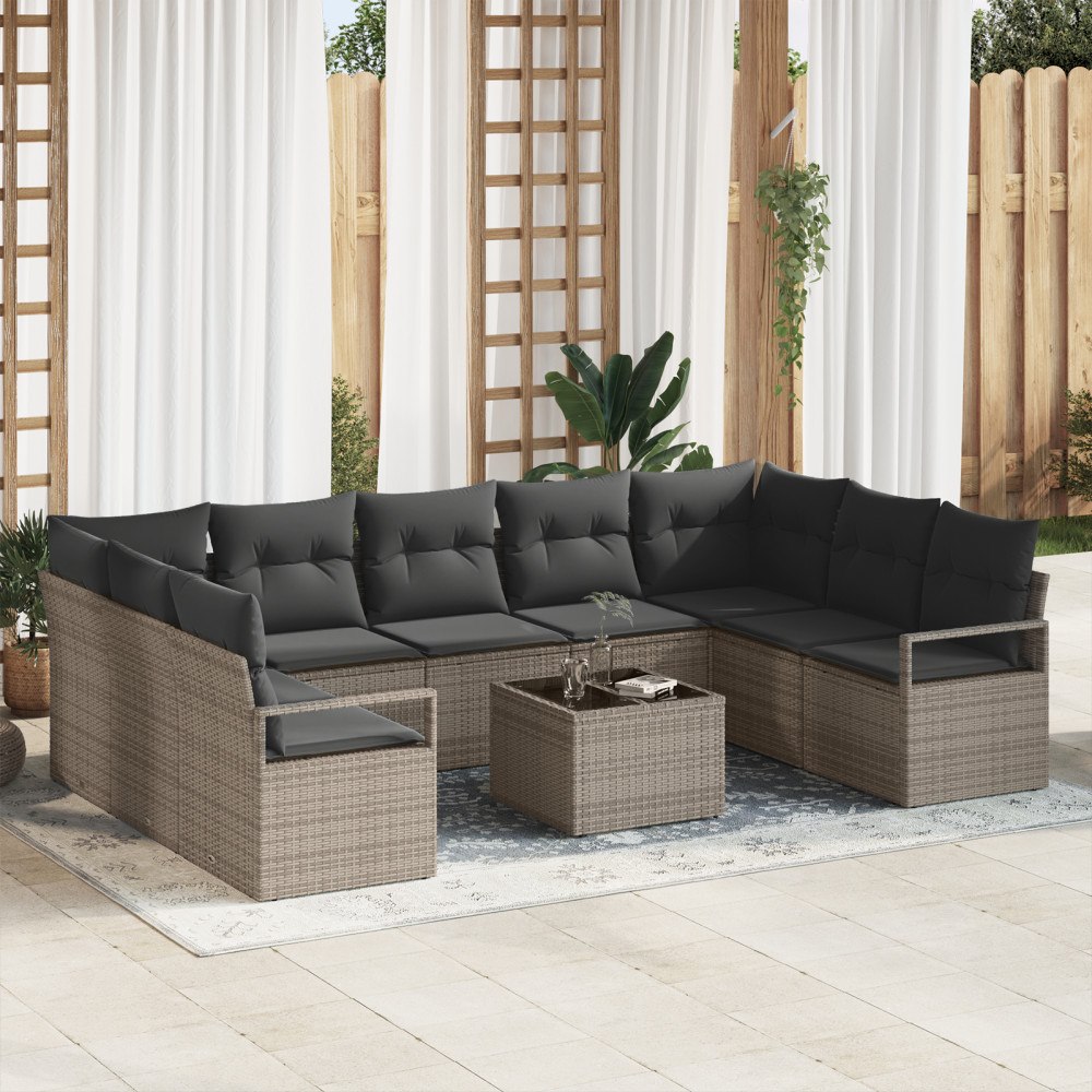 vidaXL Trädgårdsoffset 10 pcs Grå Poly rattan