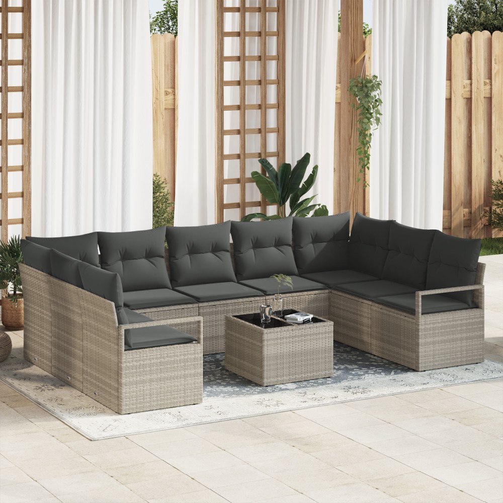 vidaXL Trädgårdsoffset 10 pcs Ljusgrå Poly rattan