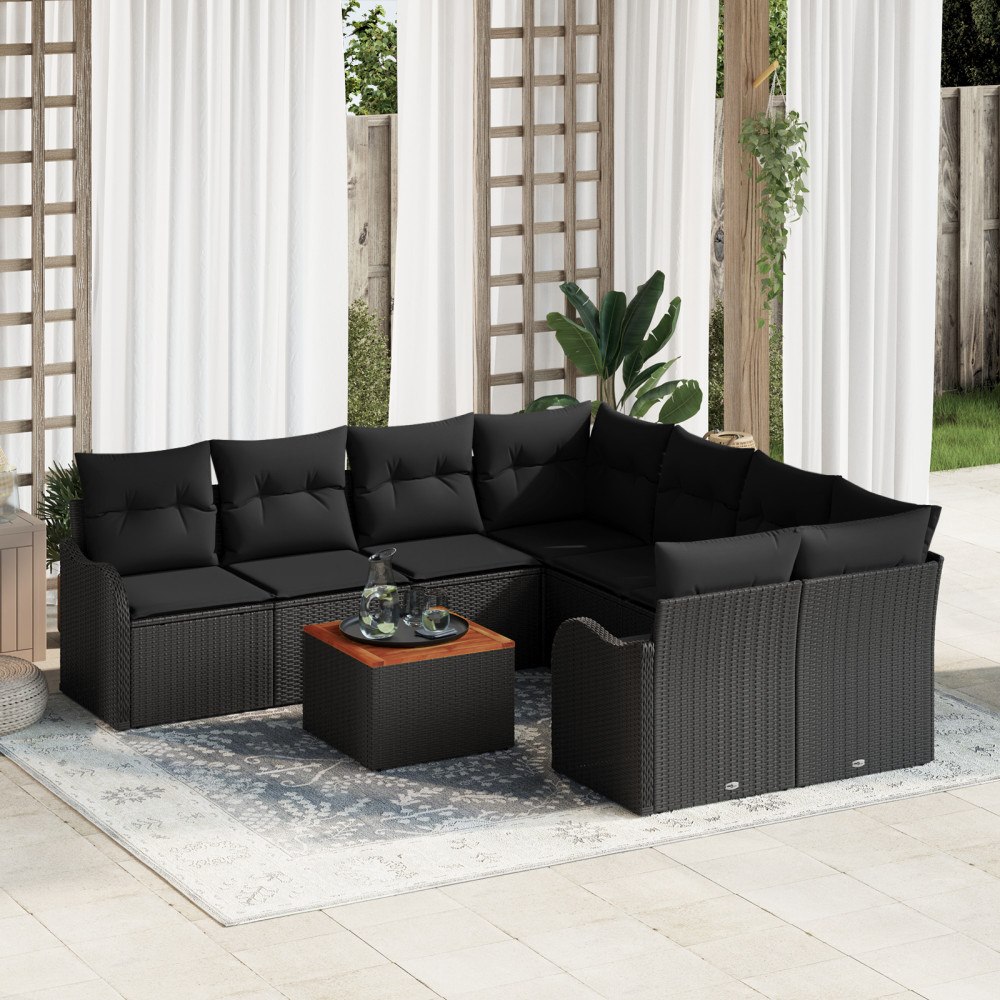 vidaXL Trädgårdsoffset 9 pcs Svart Poly rattan