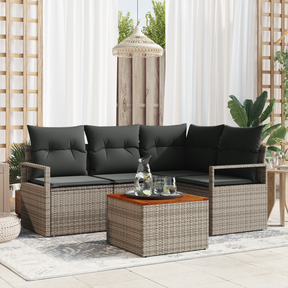 vidaXL Trädgårdsoffset med kudde 5 pcs Grå Poly rattan