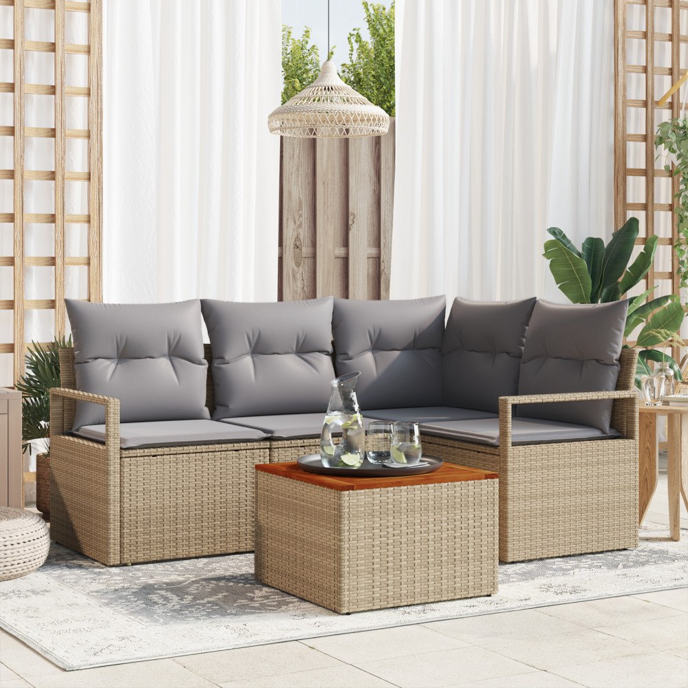 vidaXL Trädgårdsoffset med kudde 5 pcs Beige Poly rattan