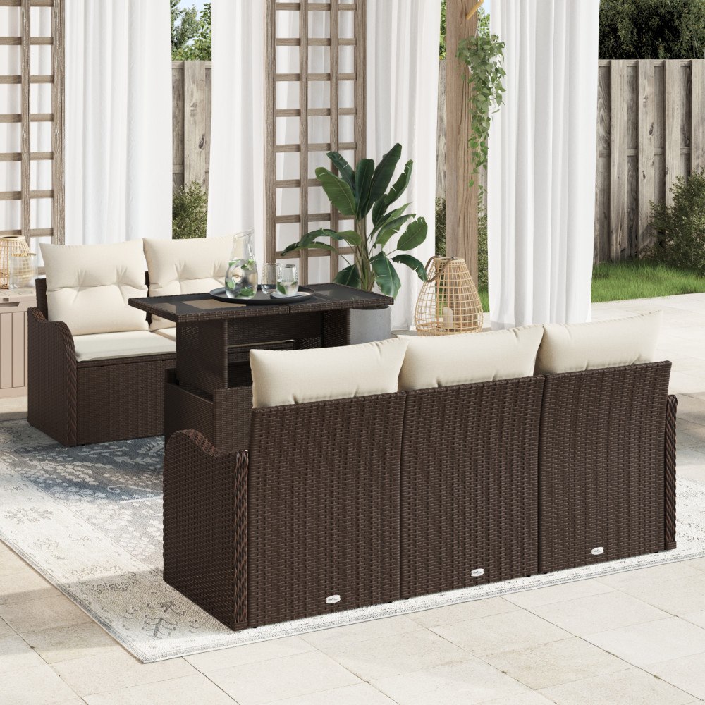 vidaXL Trädgårdsoffset med kudde 6 pcs Brun Poly rattan