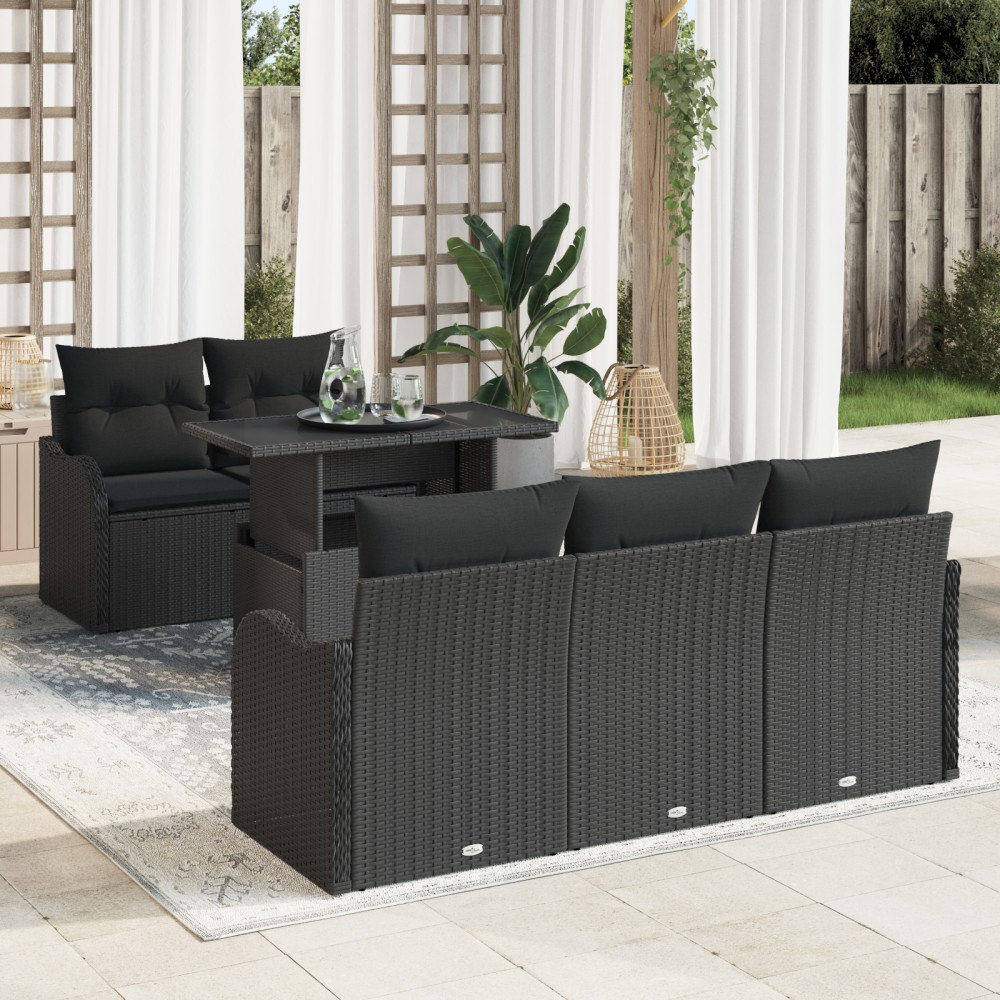 vidaXL Trädgårdsoffset med kudde 6 pcs Svart Poly rattan