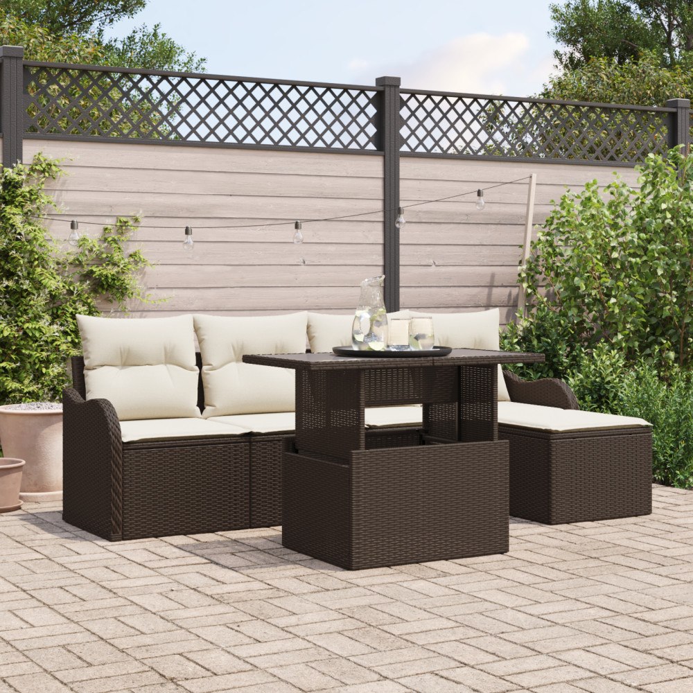 vidaXL Trädgårdsoffset med kudde 6 pcs Brun Poly rattan