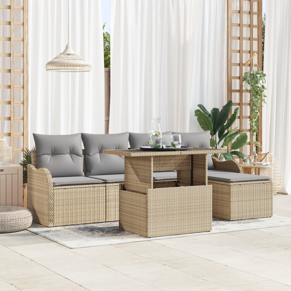 vidaXL Trädgårdsoffset med kudde 6 pcs Beige Poly rattan