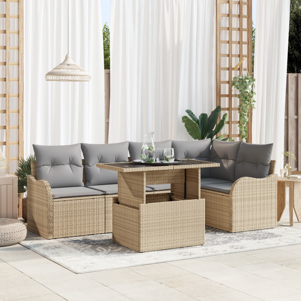 vidaXL Trädgårdsoffset med kudde 6 pcs Beige Poly rattan