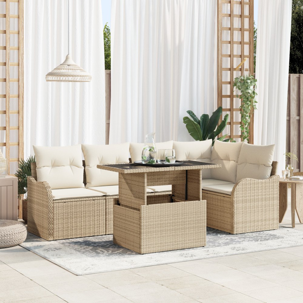 vidaXL Trädgårdsoffset med kudde 6 pcs Beige Poly rattan