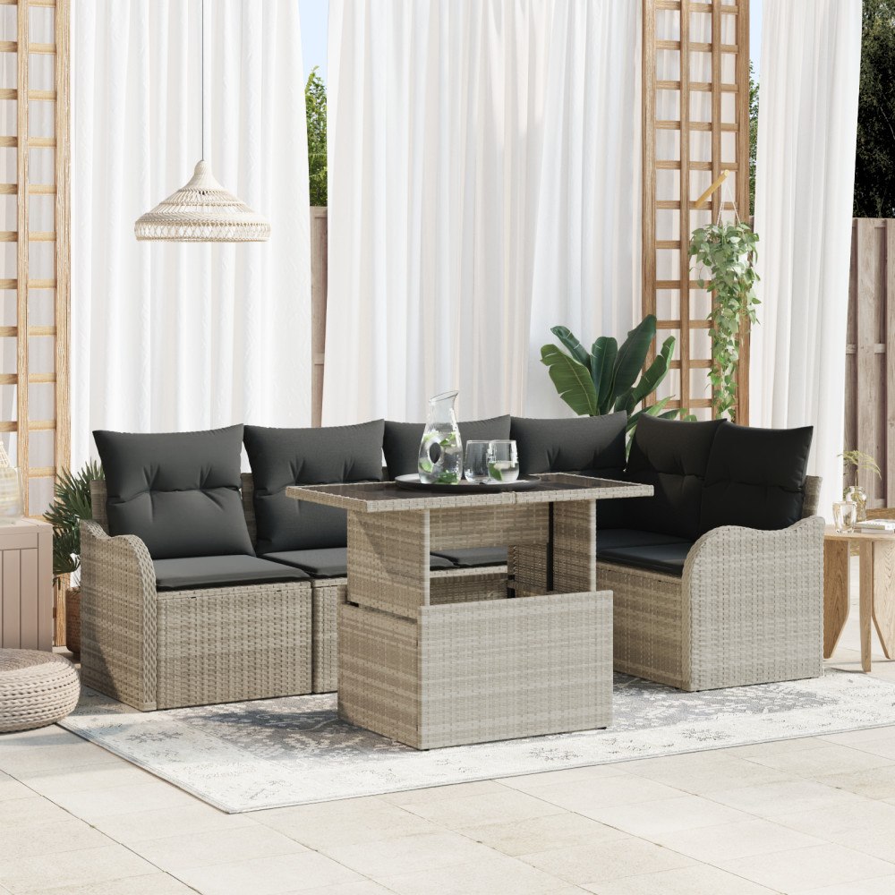 vidaXL Trädgårdsoffset med kudde 6 pcs Ljusgrå Poly rattan