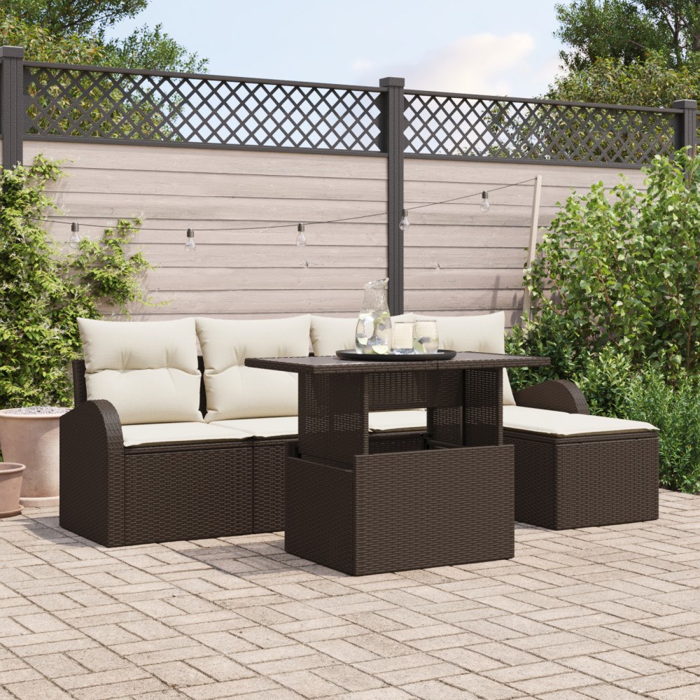 vidaXL Trädgårdsoffset med kudde 6 pcs Brun Poly rattan