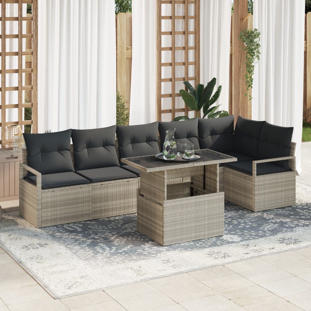vidaXL Trädgårdsoffset med kudde 7 pcs Ljusgrå Poly rattan