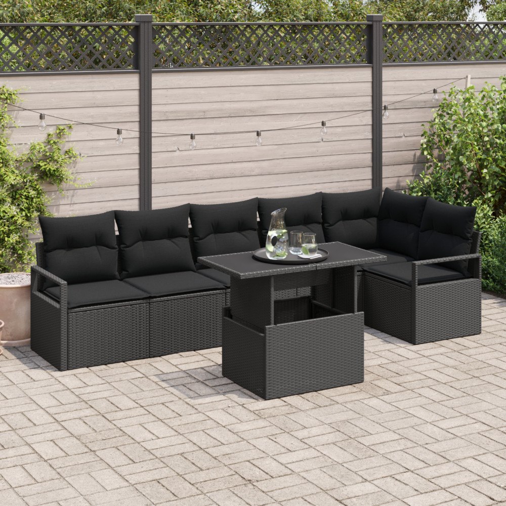 vidaXL Trädgårdsoffset med kudde 7 pcs Svart Poly rattan