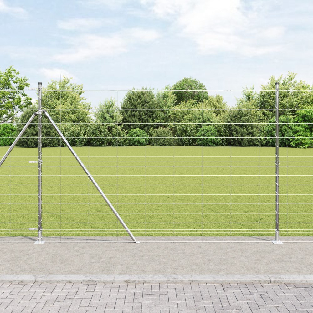 vidaXL Fältstängsel 1.6x25 m galvaniserat stål, vidaXL Stängselpålar med basplattor 13 st Ø32mm 88.5cm galvaniserat stål