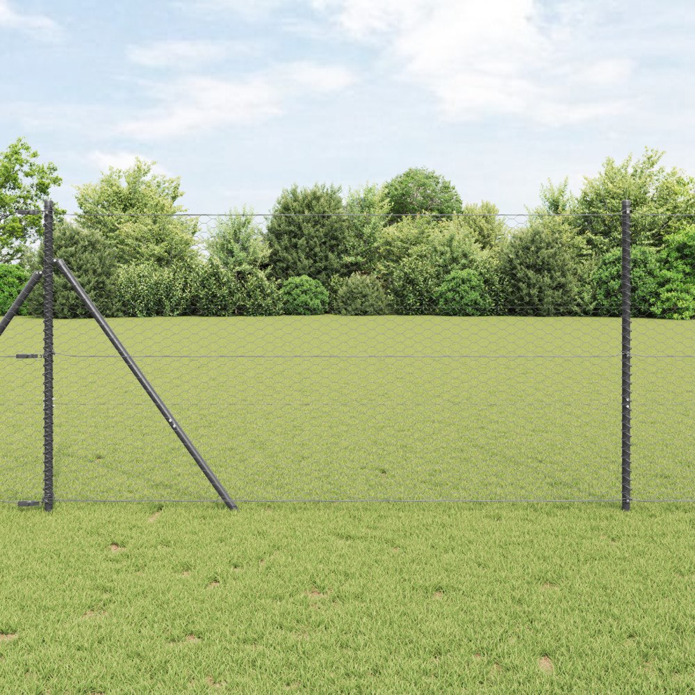 vidaXL Hexagonstaket Grå 1.2x10 m Stål, vidaXL Staketstolpar 7 st Grå Ø32 mm 170 cm Galvaniserat Stål