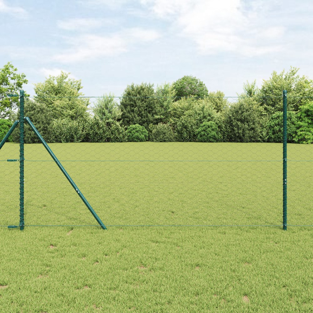 vidaXL Hexagonstängsel Grå 1,4x50 m Stål, vidaXL Stängselstolpar 13 st Grön Ø32 mm 190 cm Galvaniserat Stål