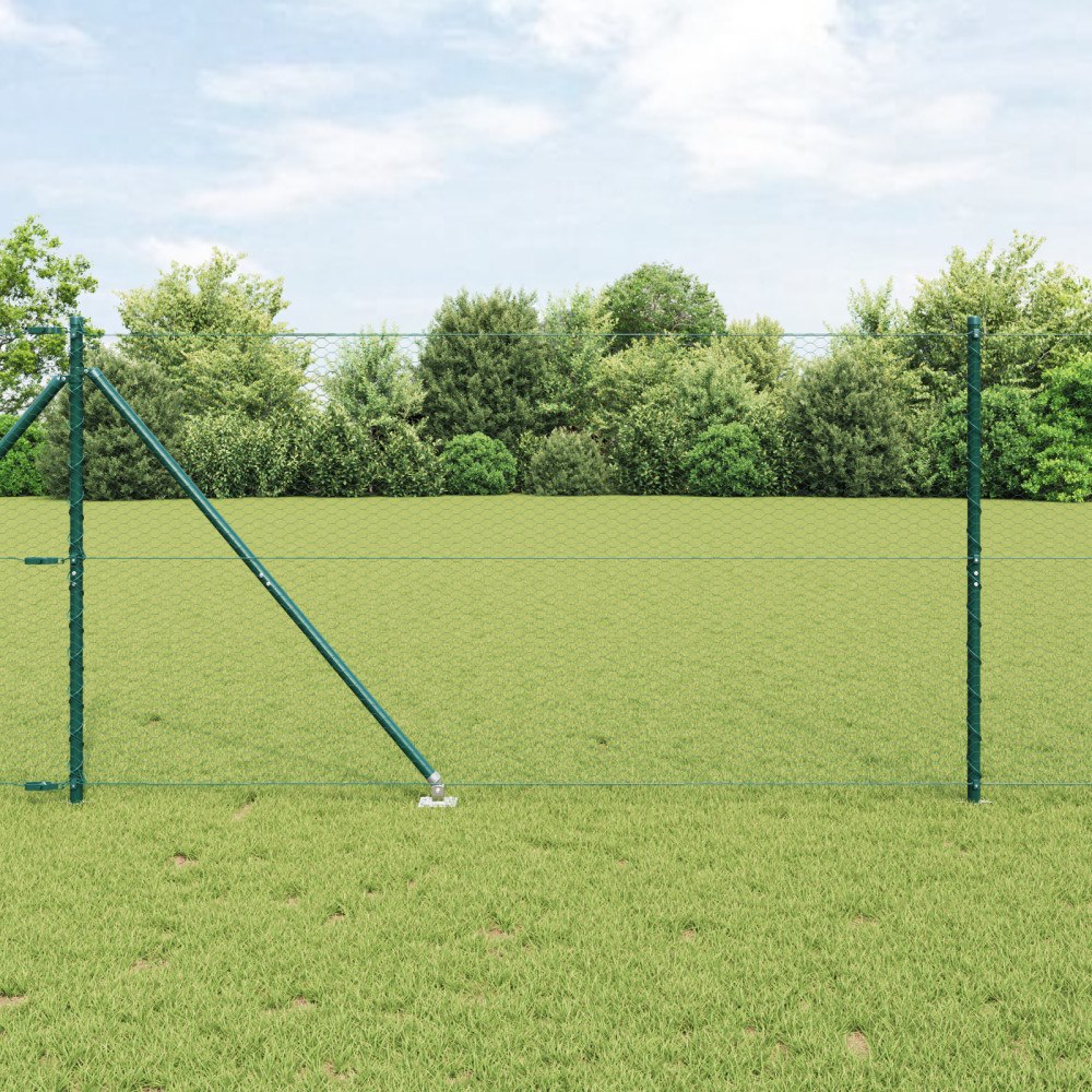 vidaXL Hexagonstaket Grön 1.2x10 m Stål, vidaXL Staketstolpar med spik 7 st Ø32 mm 140 cm Galvaniserad stål