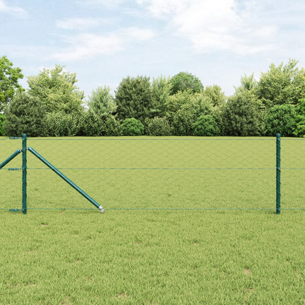 vidaXL Hexagon Stängsel Grön 0.8x25 m Stål, vidaXL Stängsel Stolpar med Spik 13 st Ø32 mm 100 cm Galvaniserat Stål