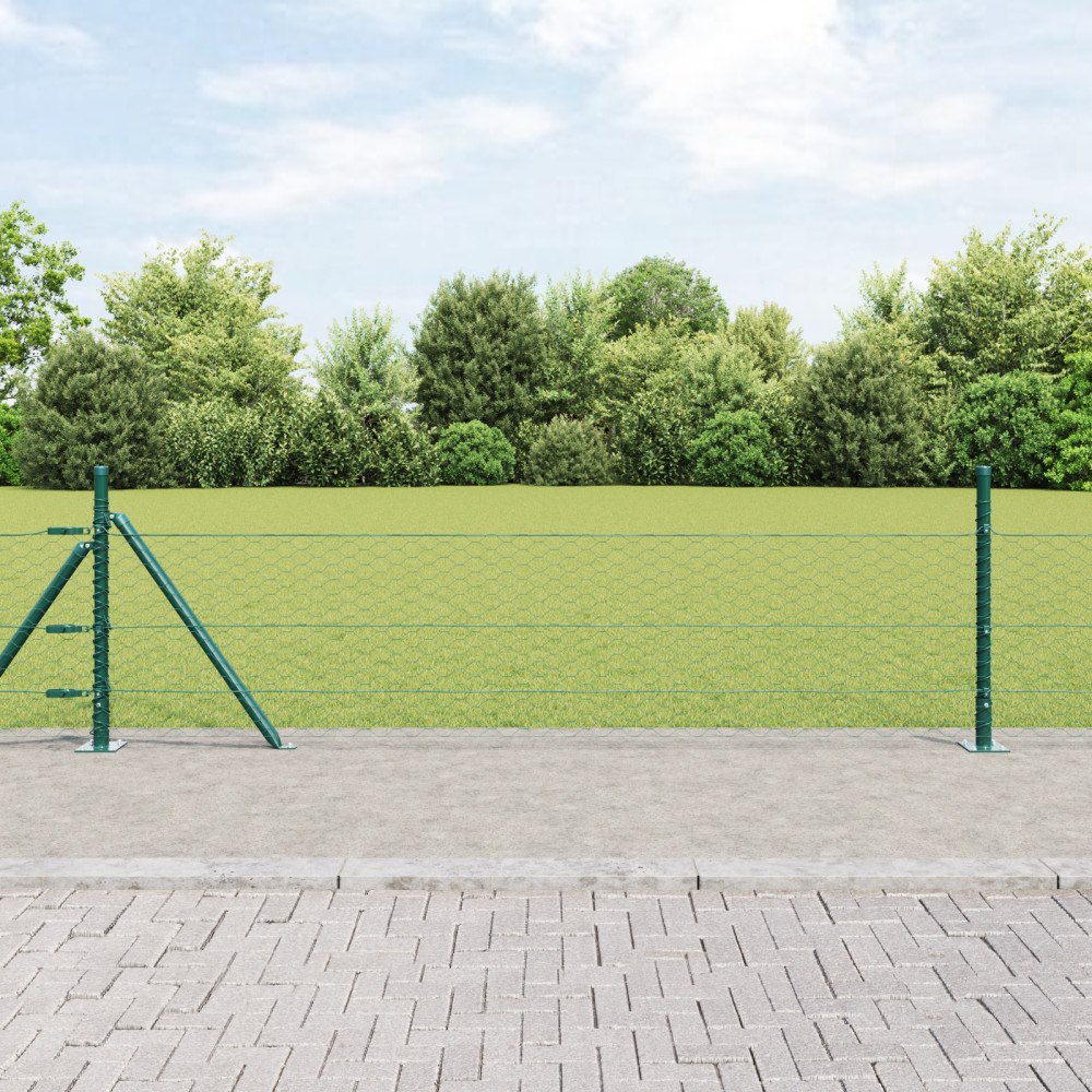 vidaXL Hexagon Fence Grön 0,5x10 m Stål, vidaXL Stängselstolpar med Basplattor 7 st Ø32mm 70cm Galvaniserat Stål