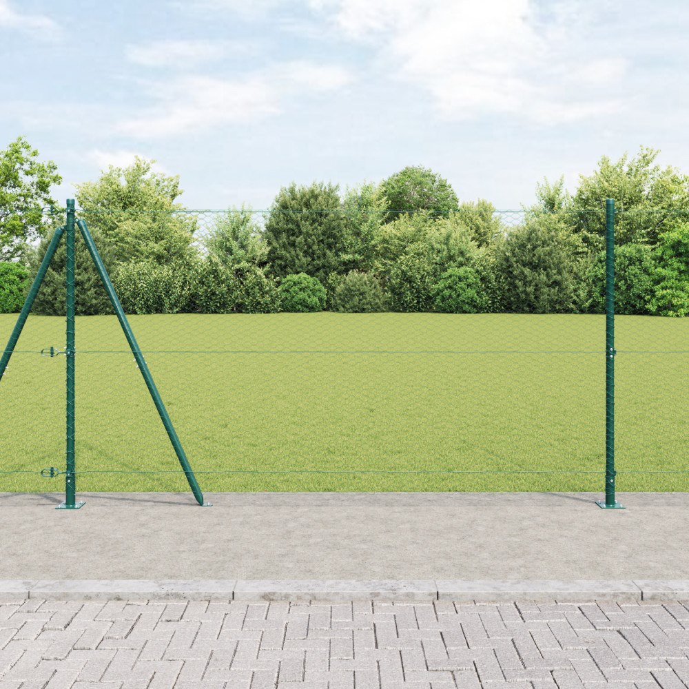 vidaXL Hexagonstängsel Grön 1.2x10 m Stål, vidaXL Stängselstolpar med basplattor 7 st Ø32mm 68.5cm Galvaniserad Stål