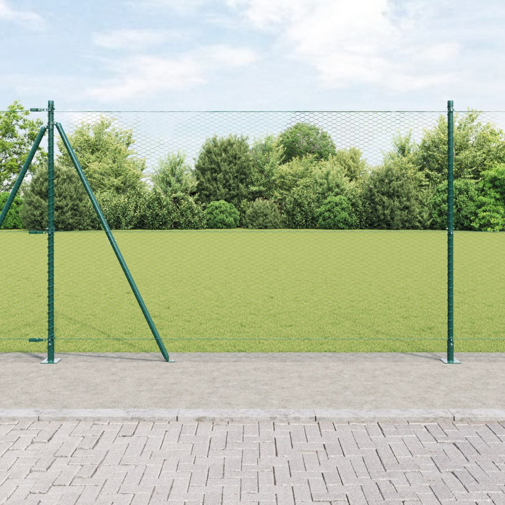 vidaXL Hexagonstängsel Grön 1.6x10 m Stål, vidaXL Stängselfästen med basplattor 7 st Ø32mm 88.5cm Galvaniserat stål