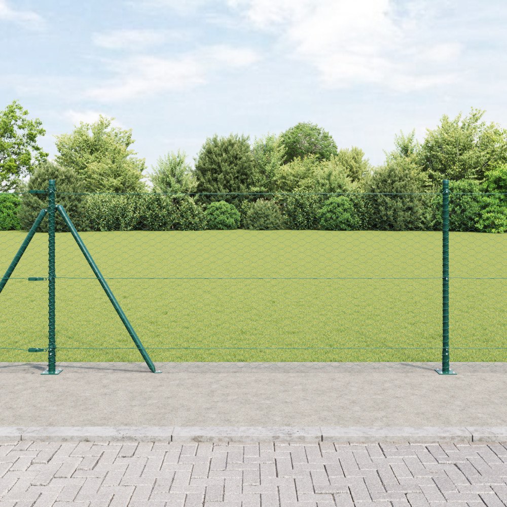 vidaXL Hexagonstängsel Grön 0.8x25 m Stål, vidaXL Stängselstolpar med basplattor 13 st Ø32mm 90cm Galvaniserat stål
