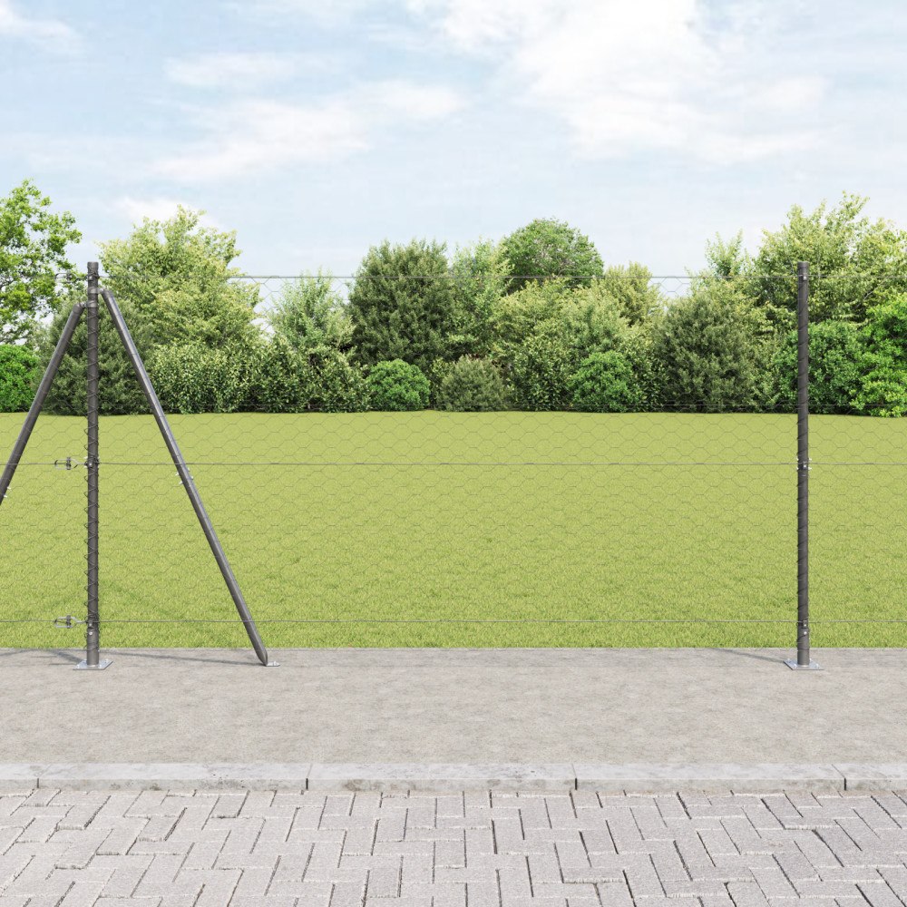 vidaXL Sexkantigt Stängsel Grå 1.2x10 m Stål, vidaXL Stängselstolpar med Basplattor 7 st Ø32mm 68.5cm Galvaniserat Stål